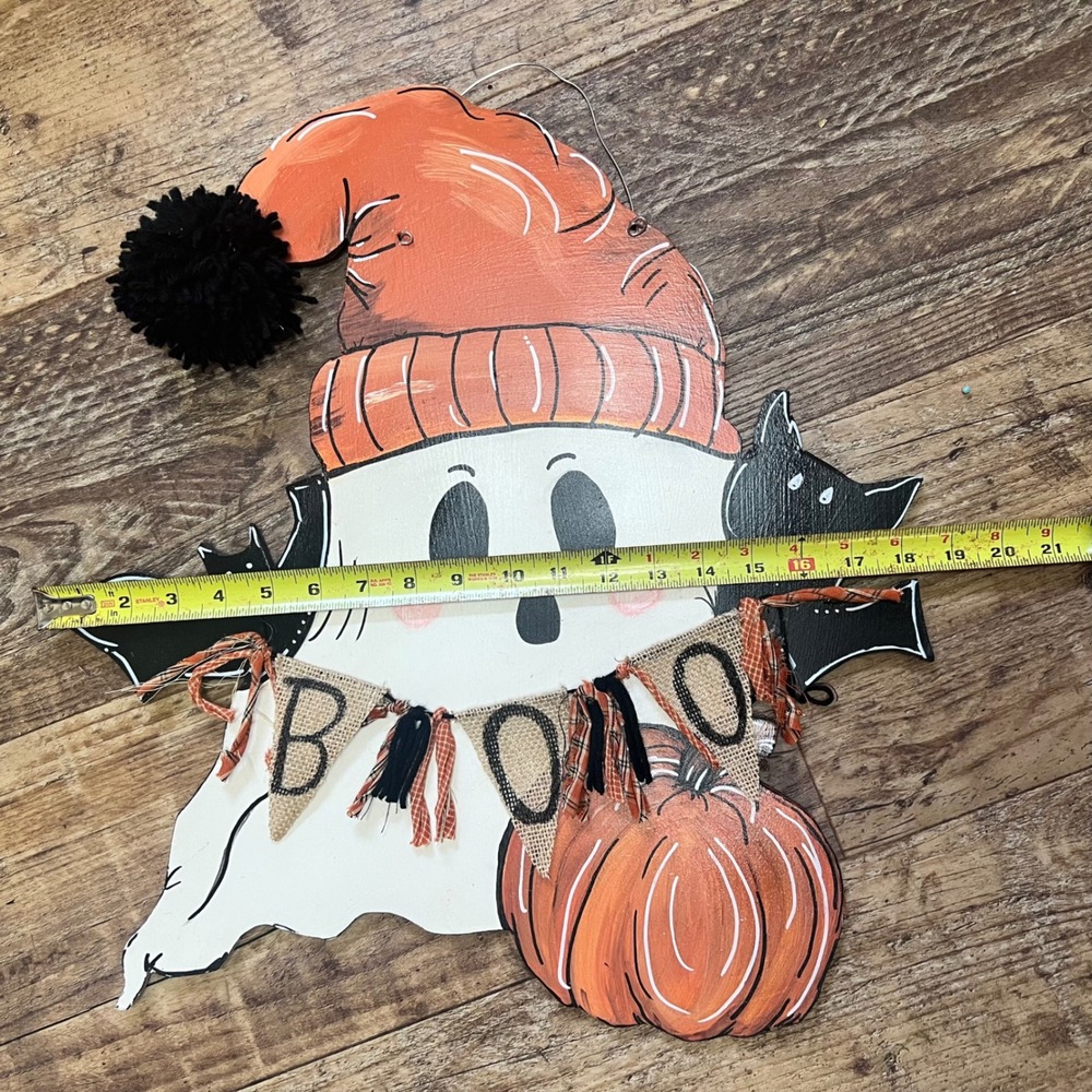 Halloween Ghost Wooden Door Hanger Boo Banner Pumpkin Bats Wall Decor 21x19 - Picture 5 of 11